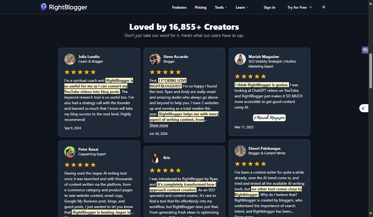 RightBlogger Reviews on Testimonial