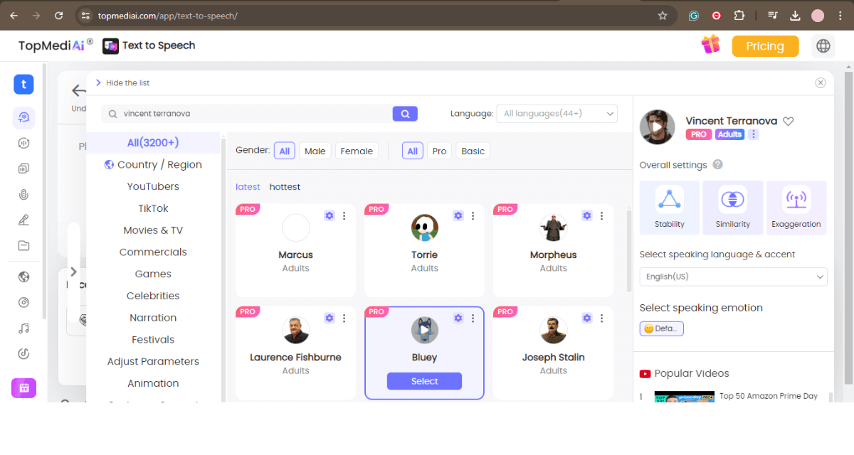 Apart from Vinnie (Wiseguy), TopMediai offers over 3200 voices for users to choose from.